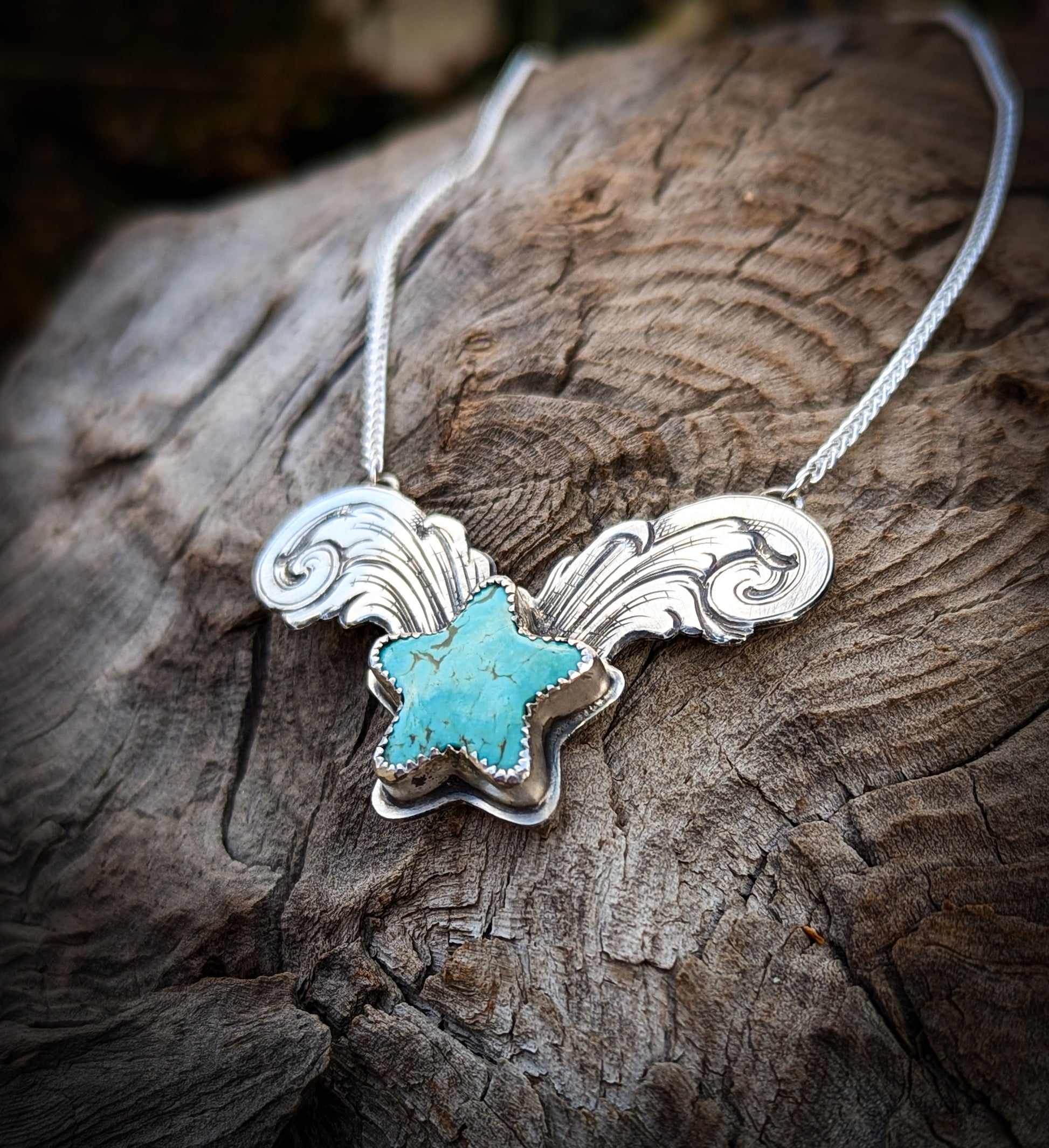 Western Style Engraved Silver and Turquoise Necklace