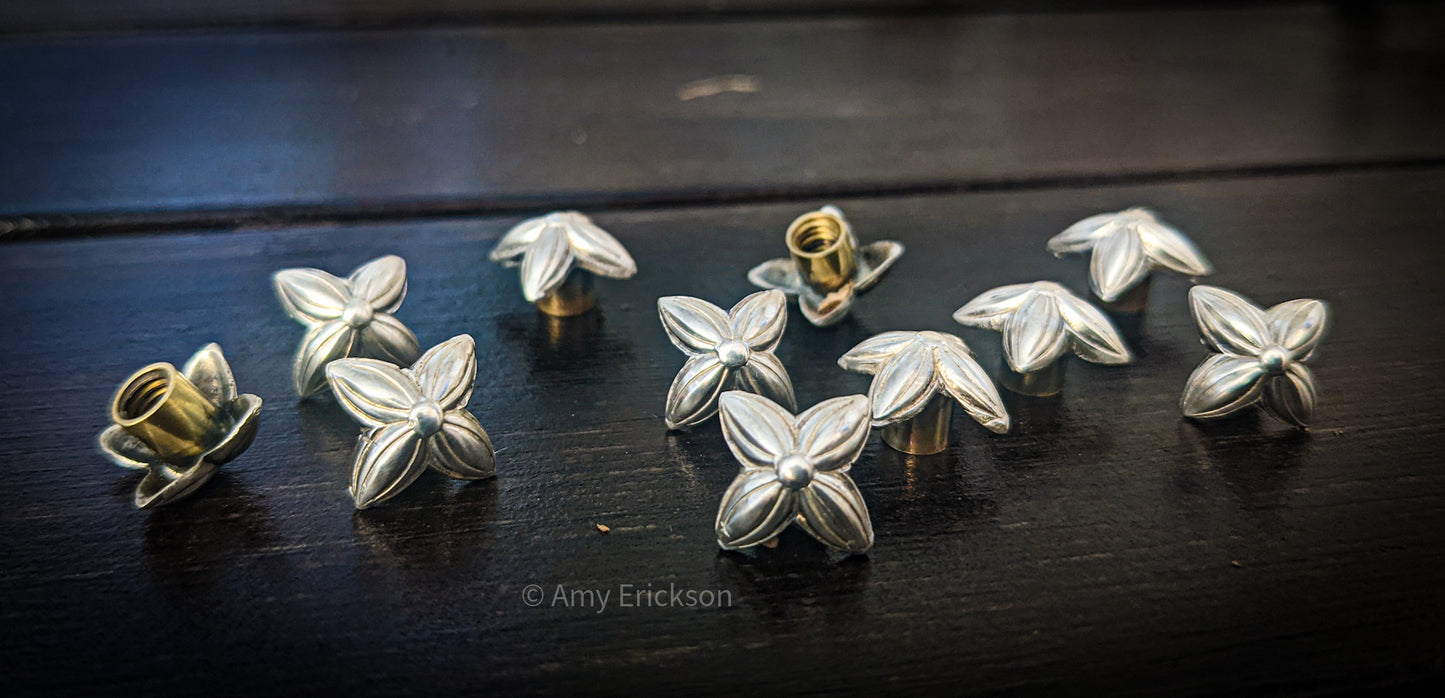 Sterling silver 4 petal small square flower conchos  with chicago screw backs.