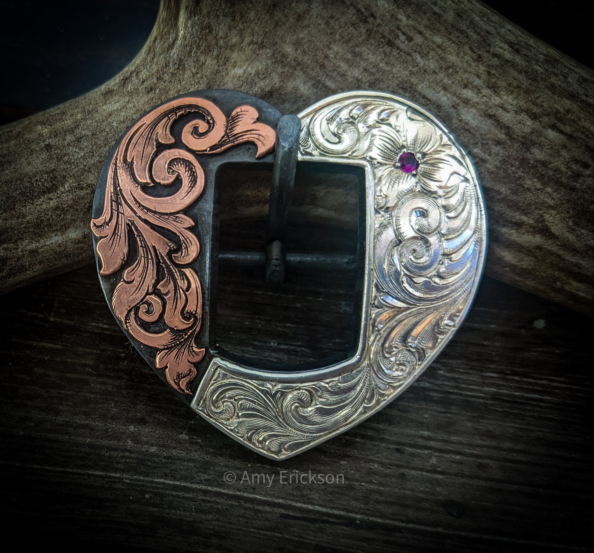 Steel Base Heart Buckle With  Engraved Sterling Silver Overlay and Copper Filigree Overlay.