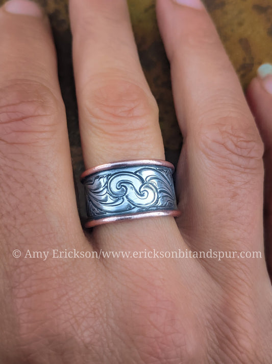 Engraved sterling silver and copper adjustable ring