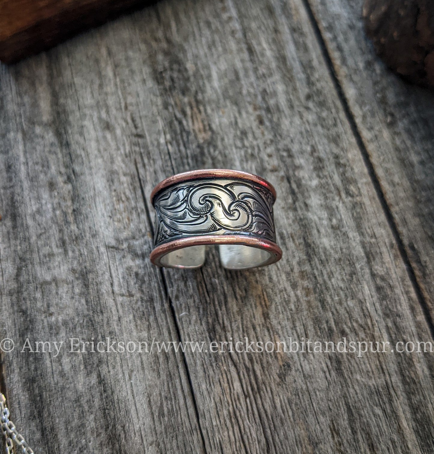 Engraved sterling silver and copper adjustable ring